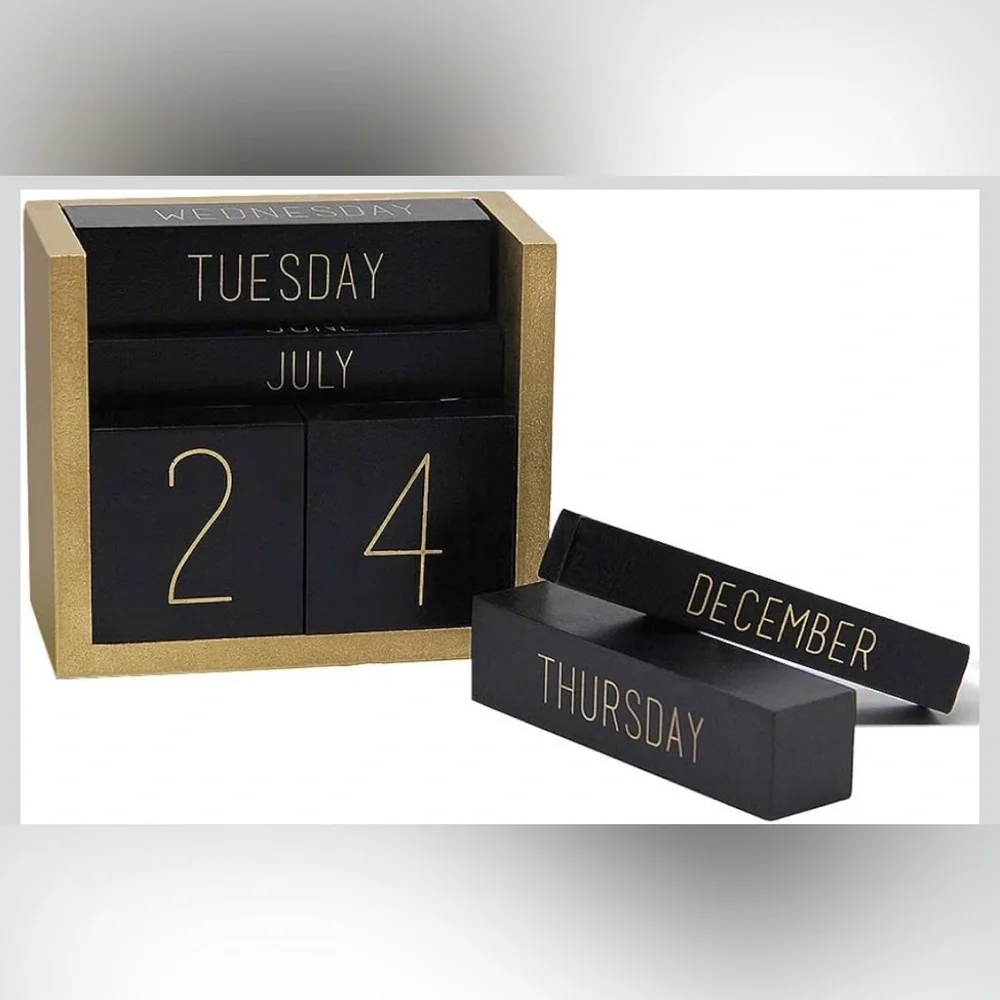 Elegant Wooden Block Perpetual Calendar | Black & Gold | New